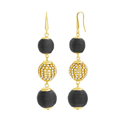 Steve Madden Yellow Gold-Toned Black Rope Rhinestone Ball Drop Earrings for Women, one size (SME502357BK)