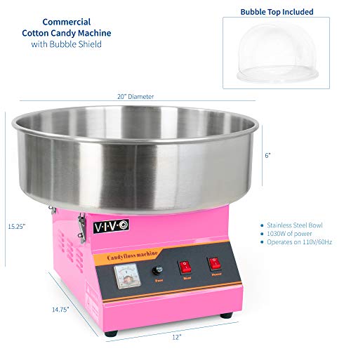 VIVO Pink 1030W Electric Cotton Candy Maker, Commercial Candy Floss Machine with 20 inch Stainless Steel Bowl, Includes Bubble Shield Cover and Sugar Scoop, Easy Home Use, CANDY-KIT-1 image 3