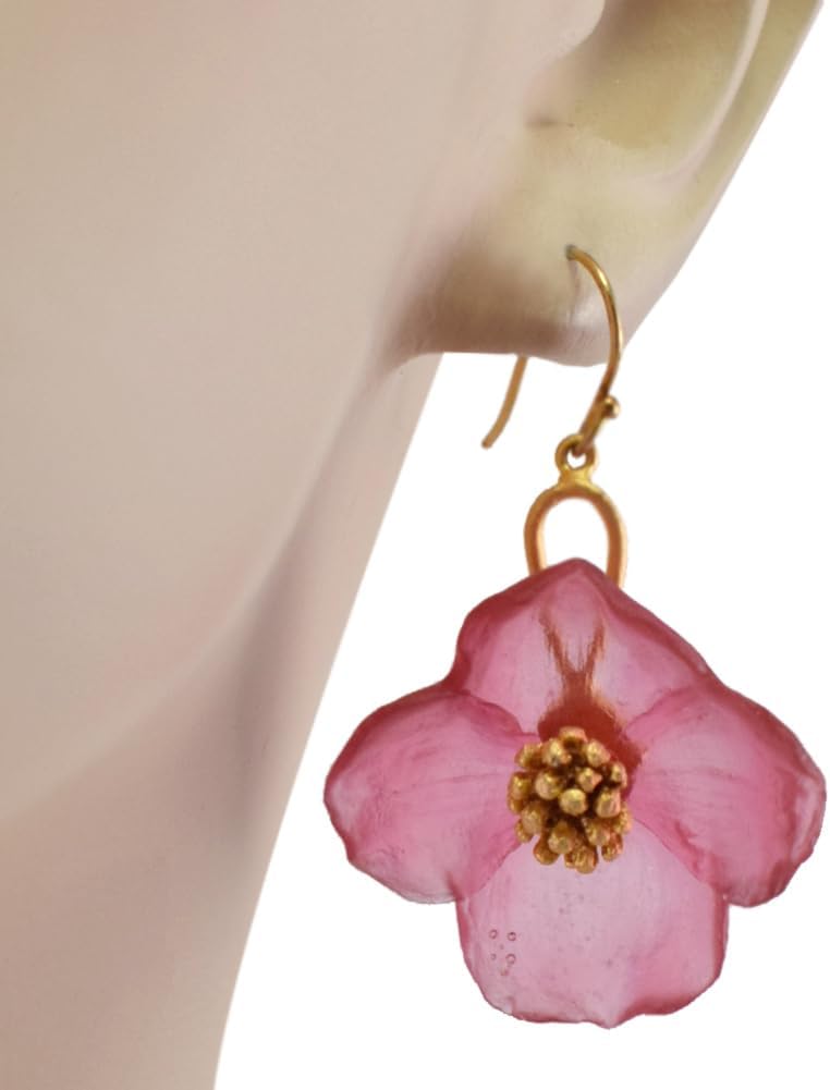 American Handmade Cast Artisan Glass & Gold-Plated Pink Dogwood Blossom Earrings - Michael Vincent Michaud Collection