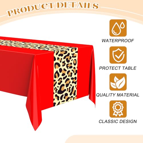 Image of Buryeah Leopard Print Tablecloth 54 x 108'' Leopard Plastic Table Cover Disposable Safari Animal Cheetah Print Party Decorations for Baby Shower Wedding Birthday Party Favors(Red,3 Pcs)
