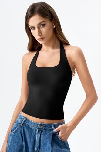 Image of QINSEN Womens Halter Top Double Lined Tank Top Sleeveless Open Back Slim fit Going Out Tops