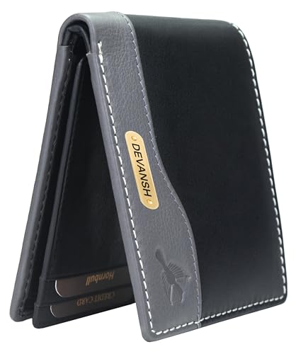 Image of HORNBULL Men's Personalized Wallet I Customized Slim Stylish Leather Purse with Name I Unique Birthday Gift for Men Boy Love Husband (Black /Gry)