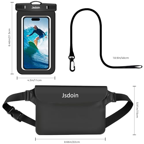 Jsdoin wasserdichte Tasche + wasserdichte Handyhülle wasserdichte Bauchtasche mit einstellbarem Band für Wassersport, Schwimmen, Strand, Bootsfahrten - Schwarz