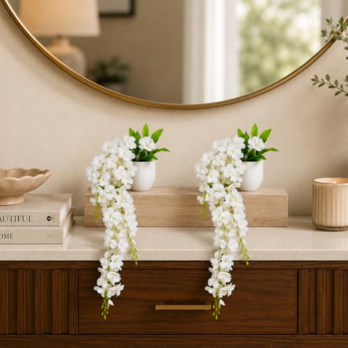 Image of fancymart Artificial Flower White Wisteria Hanging Plant with White Pot, 60 cm Height, Pack of 2, Realistic Floral Vine for Home, Office, Living Room & Wall Decor