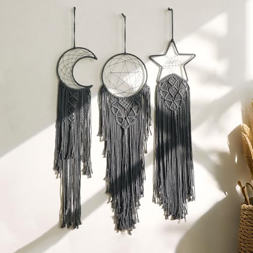 Artilady 3 Pack Macrame Hanging Tapestry Wall Art Set Boho Woven Tapestries Sun Moon Star Large Dream Catcher Gray Wall Decor Bedroom Aesthetic Living Room Decor (Dark Gray)