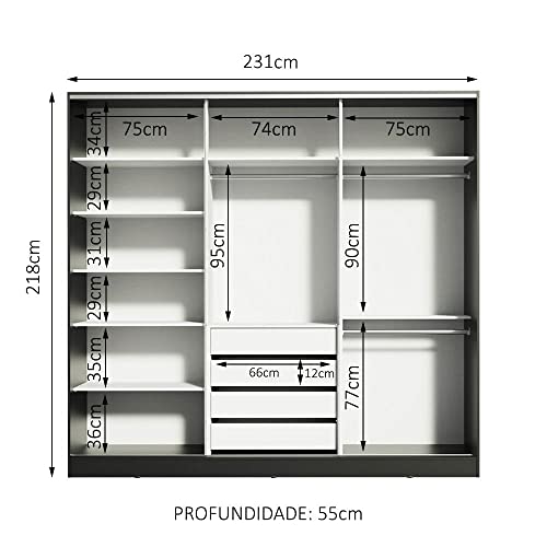 Guarda Roupa Casal 100% MDF Madesa Royale 3 Portas de Correr com Espelho - Preto