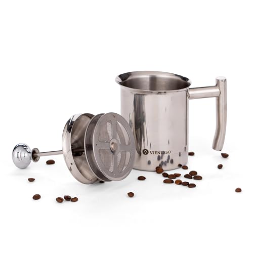 VIENESSO Hand Milk Frother - Stainless Steel with Double Mesh Strainer, Creamy Milk Foam for Coffee Specialities, Includes Barista E-Book (400 ml)