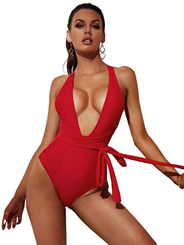 Image of Lilosy Sexy Tie Criss Cross Plunge One Piece Thong Swimsuit High Cut Brazilian Bathing Suit