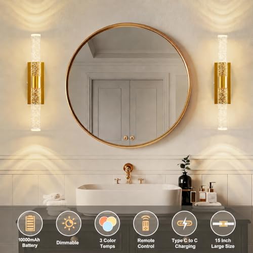 Image of 10000mAh Battery Operated Wall Sconces: 15 Inch Rechargeable Wall Lights Set of 2 with Arylic Shade - 3000K-6000K Dimmable Wireless LED Wall Lamp with Remote for Bedroom Bathroom Hallway Living Room
