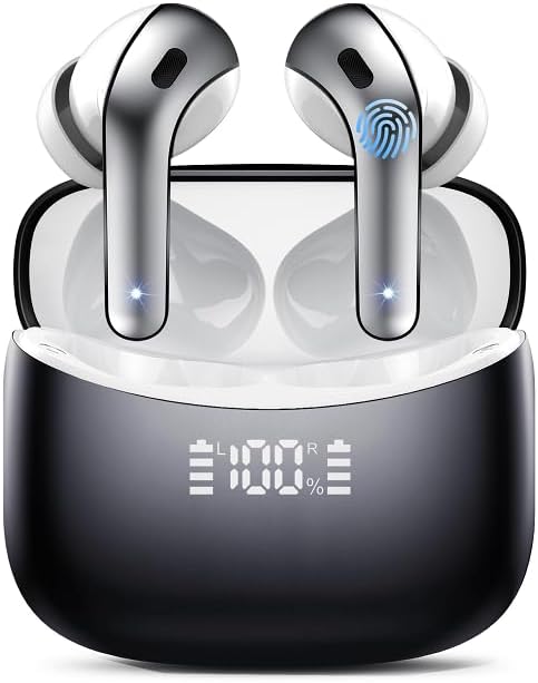 FAMOO Bluetooth Earbuds in charging case with LED display showing 100% battery