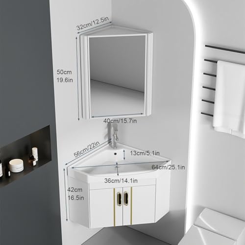 Vani de baño esquinero con fregadero y espejo, armario de pared que ahorra espacio, juego Clete con grifo y accesorios para baños pequeños (blanco, 56 cm)