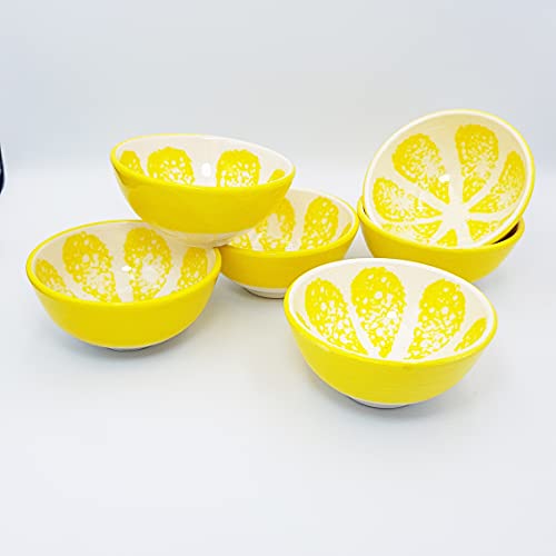 Kaira - Cute Ceramic Handpainted Fruit Design Mini Finger Bowls For Snack Ice Cream Condiment Rice Dessert Soy Sauce Salsa Cereal - Serving Dipping Pinch Dip Prep Cups - Set Of 6 (Yellow) #TOP8