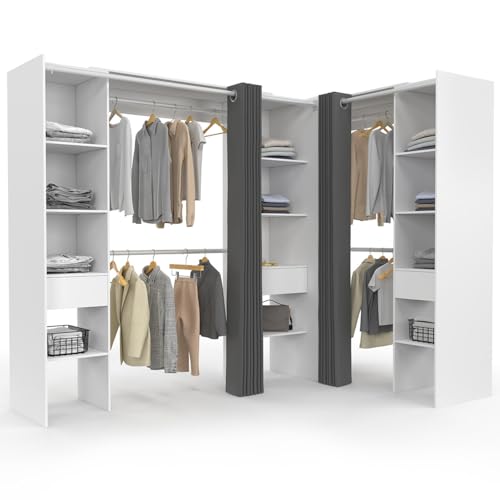 IDMarket - Dressing extensible d'angle MARLON 230 x 140 x 180 cm blanc avec penderies + étagères + rideaux gris