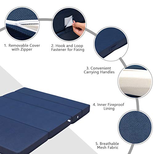 Giantex 4" Thick Folding Portable Mattress Pad Sofa Bed With No Carrying Handles And Removable Washable Fabric, High-Density Foam Futon Sleepover Guest Easy To Store (Queen, Blue) #TOP3