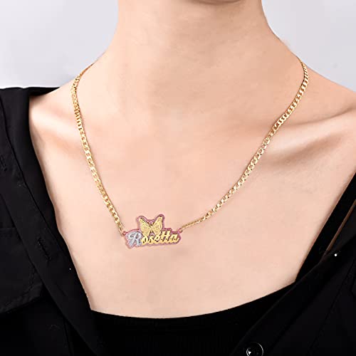 Personalized Custom Name Plate Necklace Double Plated Nameplate Letter Gold Butterfly Pendant Necklace Pink Acrylic Board Name Jewelry For Women Baby Birthday Gifts #TOP4