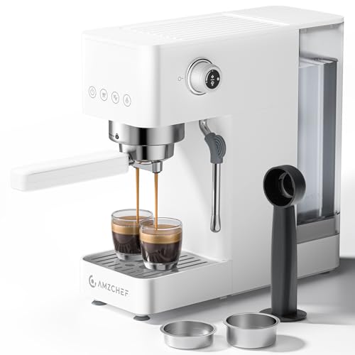 AMZCHEF Siebträgermaschine 20 Bar Espressomaschine klein mit LED-Display, Milchaufschäumer & Edelstahl-Dampfstab, 1350W Schnellaufheizung, 1,5L Wassertank, für Espresso Cappuccino Latte,Weiß 1