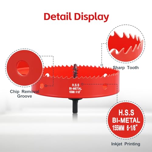 Image of 6-1 /8 Inch Hole Saw with Dust Bowl, 6.1 Hole Saw for Recessed Lights, Hole Cutter for Led Recessed Lighting, Wood and Drywall, Red