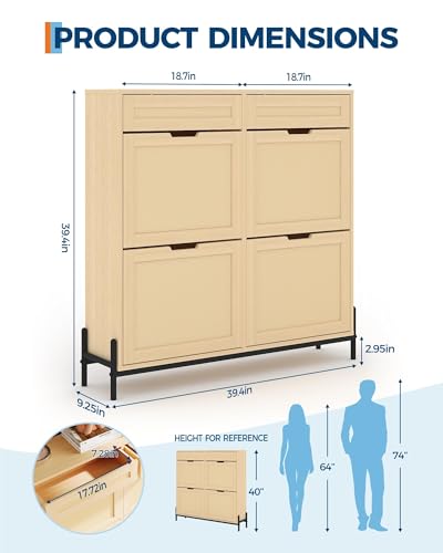 Garvee Armario Zapatero De Ratán para Entrada - 4 Puertas Abatibles, Estantes Ajustables para 20 Pares, Mueble Organizador Compacto, Conjunto Anti-Vuelco, Medidas 100x24x88 Cm - imagen 2