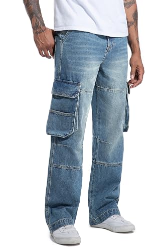 Men's Non-Stretch Loose Fit Wide-Leg Baggy Cargo Jeans Pants3