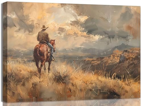 Image of WBNJXNZ Western Cowboy Riding Horse Canvas Wall Art Cowboy Wall Decor Pictures wilderness Landscape Painting Print Vintage Artwork for Living room bedroom country Home decoration 12x16in