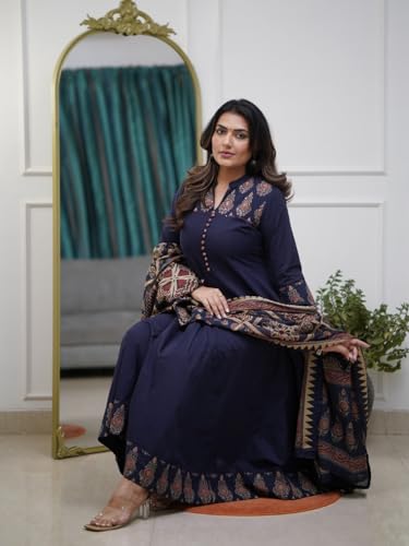 Image of GoSriKi Women's Rayon Viscose Anarkali Printed Kurta Pant with Dupatta | Anarkali Kurta Set for Women | Flared Kurti Pant Set | Ethnic Printed Suit for Women