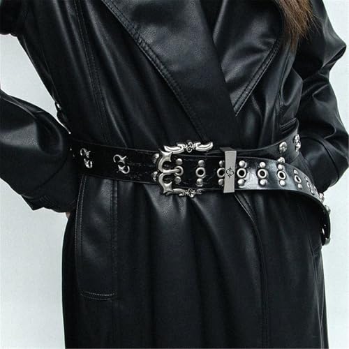 Women's Retro Punk Rivet Belt Adjustable Double Row Hole Secure Nonslip Clasp Sash PU Leather Waist3
