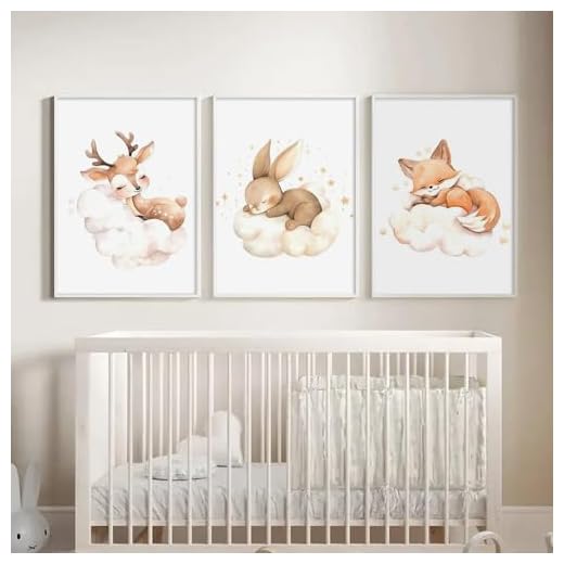 3 Affiches Animaux Chambre Bebe Poster Beige Nuages Lapin Renard Cerf Tableau Deco Enfant Fille Décoration Chambre Garcon Toile 30X40cm sans Cadre