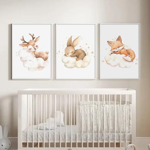 BeiYiHo 3 Affiches Animaux Chambre Bebe Poster Beige Nuages Lapin Renard Cerf Tableau Deco Enfant Fille Décoration Chambre Garcon Toile 30X40cm sans Cadre...