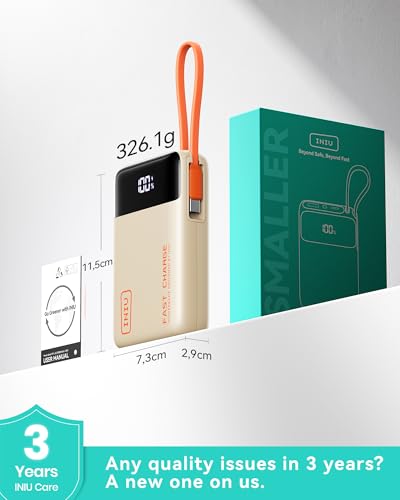 INIU Power Bank 20000mAh, Mały 45W PD Szybkim Ładowaniem Powerbank wbudowany Kabel USB-C, Bezpieczny w Locie Zestaw akumulatorów do iPhone 17 16 15 14 13 12 Samsung S26 S25 Xiaomi iPad, Beżowy