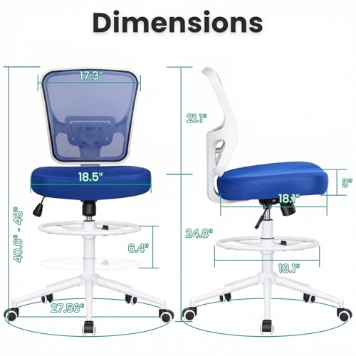 Image of Armless Drafting Chair Tall Office Chair for Standing Desk - Adjustable Height Mesh Ergonomic Stool with Foot Ring, Rolling Counter Height Computer Chair for Small Spaces & Home Office