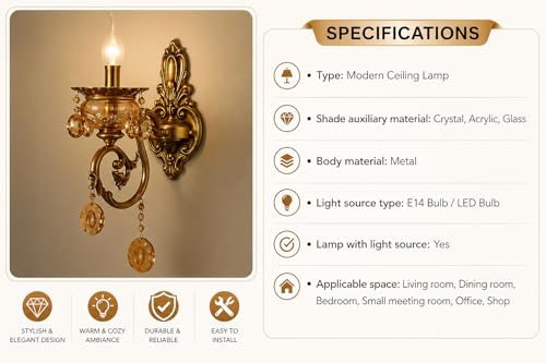 Image of Italian Wall Lamp, Antique Gold Finish, Single Light Wall Lamp with Decorative Crystals with Filament Bulb (Warm White) (Corded Electric, Glass)