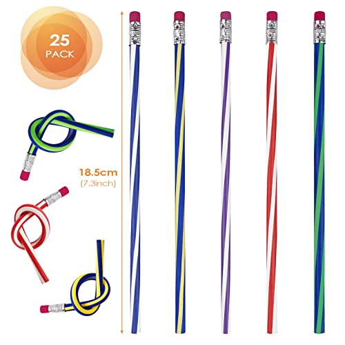 Firschoie 25 Stücke Zauberstift Biegebleistift Kinder, Biegbare Bleistifte mit Radiergummi, Weiche Regenbogen Bendy Bleistifte für Schule, Party, Preise, Weihnachten Geschenk, Versammlungen