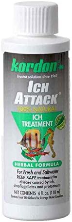 Kordon Ich-Attack Disease Inhibitor: Natural Solution for Ich & External Fish Diseases, 100% Organic Herbal Treatment for Fresh & Saltwater, Safe for Invertebrates, Made in The USA, 4-Ounces