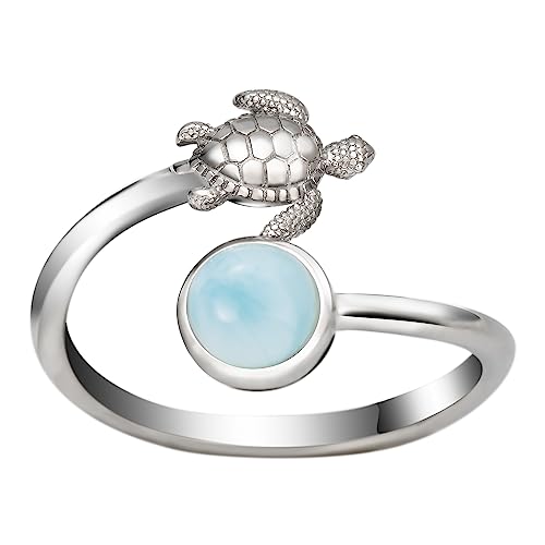 925 Sterling Silver Hawaiian Turtle and Full Moon, Adjustable Easy Resize Wrap Around Bypass Ring Eternity Band, Blue White Opal Larimar, 14K Gold Plated, Hypoallergenic Nickel Free, with Gift Box