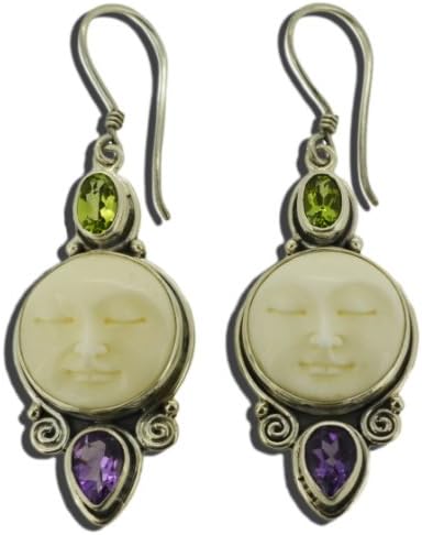 Moon Face Peridot Amethyst Earrings Sterling Silver 925 Handcarved and Gift Boxed