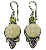 Moon Face Peridot Amethyst Earrings Sterling Silver 925 Handcarved and Gift Boxed