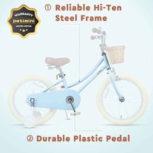 Image of Petimini Vintage Kids Bike for Girls, 12-20 Inch Classic Bicycle with Wicker Basket & Bell, High Tensile Steel Frame, Training Wheels (12-18 inch), 85% Pre-Assembled, Retro Bike for Outdoor Riding