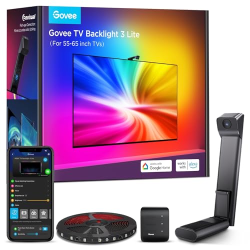 Govee TV Backlight 3 Lite with Fish-eye Correction Function Sync to 55-65 Inch TVs 3.6m RGBICW Wi-Fi TV LED Backlight with Camera 4 colours in 1 Lamp Bead Voice and APP Control Adapter