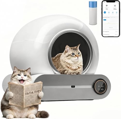 Denzoz Self Cleaning Cat Litter Box Upgraded Automatic Cat Litter Box 65L+ 9L Extra Large Capacity Automatic APP Control/Odor Removal/Safety Protection/Low Noise Litter Box (white02)