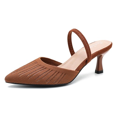Enelauge Women's Low Kitten Heel Knit Pumps with Elastic Ankle Strap Pointed Closed Toe Slingback Comfortable Dress Wedding Shoes