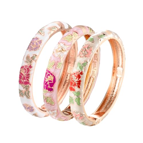 Wynameleri UJOY Enamel Bangle for Women, Handmade Floral Vintage Bracelet for Lady, Jewellery Gift - 3 Pcs Red Rose Gold Bangle for Women, Mothers Day Gifts from Daughter, Good Luck Bracelet