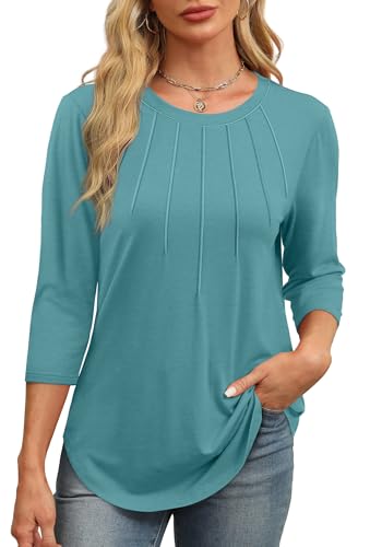XIEERDUO Womens Tunic Tops 3/4 Sleeve Pleated Blouses Business Casual Outfits for Women Round Neck Fall Shirts Blue Green XL - Thumbnail 2