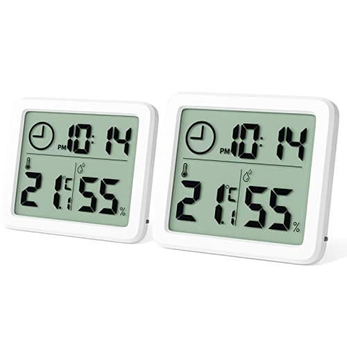 Newaner 2 pièces Mini Thermometre Interieur Numérique, Hygrometre Portable Professionnel Grand Écran avec Horloge, Thermomètre Blanc Précis, Hygromètrepour la Maison, Chambre Bébé, Bureau, Serre