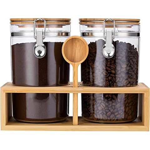 Yangbaga 2Pcs Coffee Sugar Canisters with Shelf, 58OZ Plastics Storage Containers for Ground Coffee Bean Storage with Lid Locking Clamp&Coffee Scoop, Food Storage Jar for Kitchen Cover