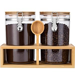 Yangbaga 2Pcs Coffee Sugar Canisters with Shelf, 58OZ Plastics Storage Containers for Ground Coffee Bean Storage with Lid Locking Clamp&Coffee Scoop, Food Storage Jar for Kitchen