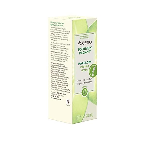 Aveeno Positively Radiant MaxGlow Infusion Drops with Moisture Rich Soy & Kiwi Complex, Hypoallergenic, Non-Comedogenic, Paraben- & Phthalate-Free Moisturizing Facial Serum, 1.35 fl. oz