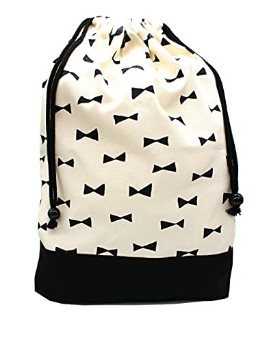 miwaki 体操着袋 おきがえ袋 巾着袋 旅行用 ポーチ マチあり 女の子 小学校 幼稚園 保育園 シンプル 手作り 日本製 お名前タグ付き モノトーン リボン ホワイト L