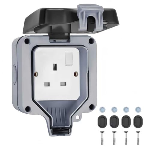 British Outdoor Waterproof Electrical Socket, IP66 Rated,Double Socket with Safety Shutter,Grounded 13A UK Plug,Weatherproof for Garden,Patio,Garage Use,Easy Installation
