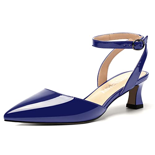 SKYSTERRY Women's Slingback Pointed Toe Ankle Strap Buckle Dating Cute Patent Spool Low Heel Pumps Shoes 2 Inch