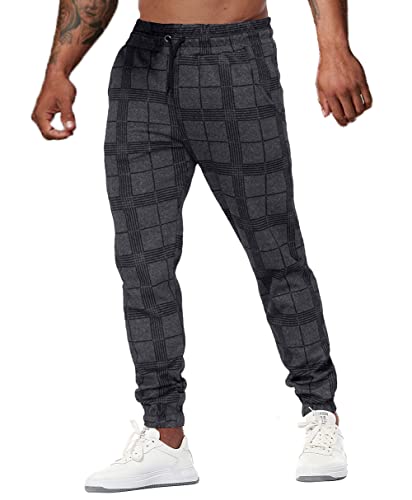 Men's Fashion Joggers Sweatpants Drawstring Workout Gym Tapered Pants Plaid Sport Pants Dark Grey #TOP12